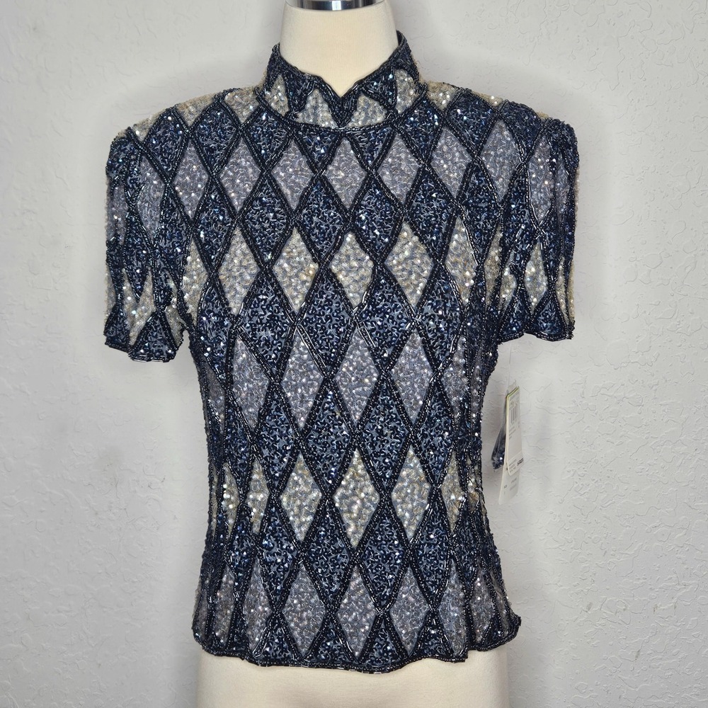 Adrianna Papell Mandarin Silk Beaded Sequin Diamond Top Navy Silver 8 NWT